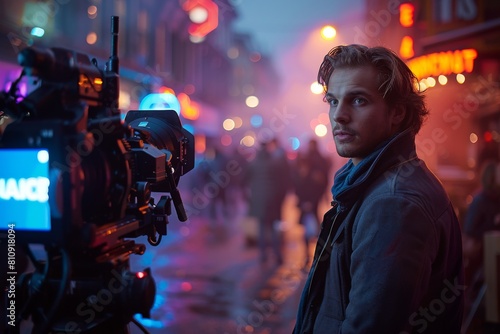 A man appears contemplative as he stands beside a camera on a vibrant, neon-lit street embodying creativity and cinema