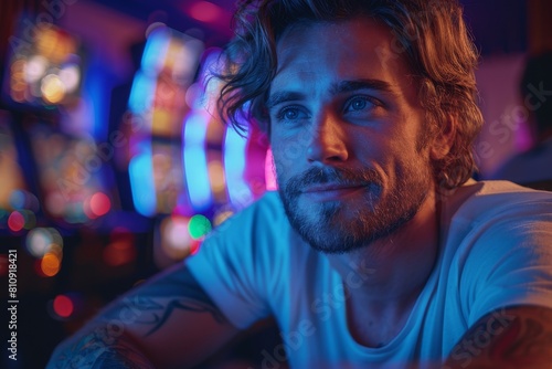 A contemplative young man with tattoos gazes away amidst the glow of neon lights, exuding a calm mood