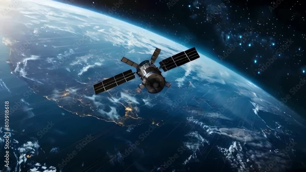 Satellite in Orbit Above Earth, Space and Starry Background, Space Technology and Communication Concept Satellite in Orbit Above Earth, Space and Starry Background, Space Technology and Communication Concept