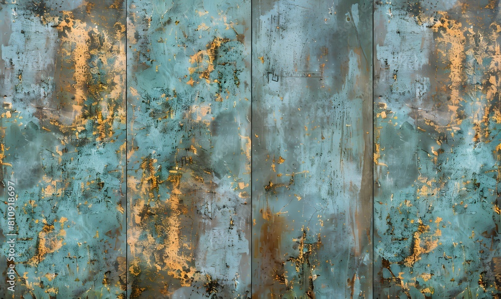 Seamless oxidized copper patina sheet metal wall panel grunge background texture, Generative AI