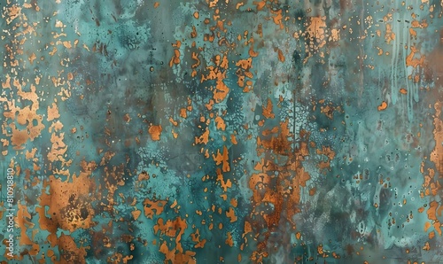 Seamless oxidized copper patina sheet metal wall panel grunge background texture, Generative AI