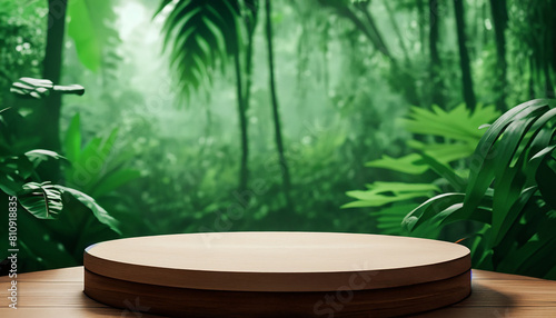 Wooden podium in tropical forest for product presentation and green background. 