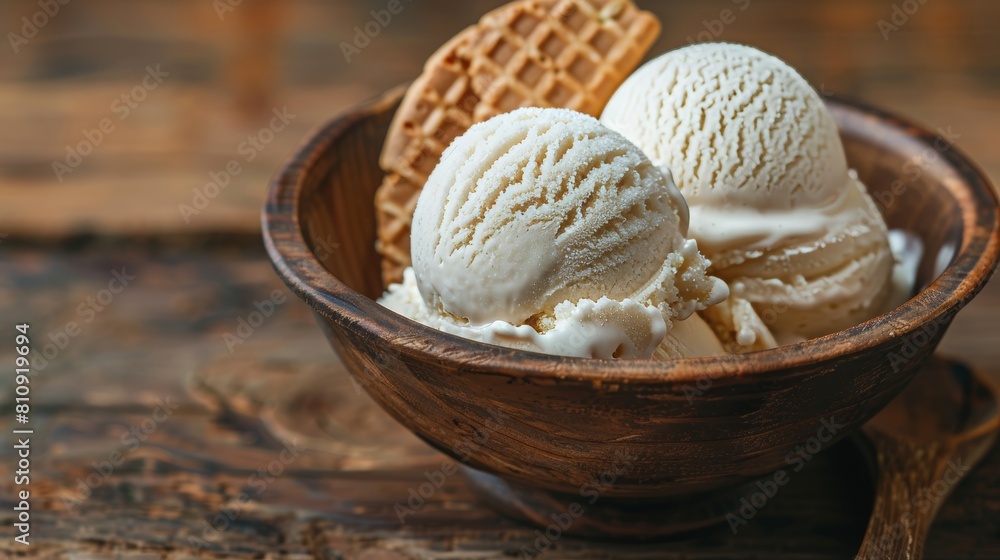 Artistic shot of two ice cream scoops in a bowl with a wafer, against a rustic wooden surface, ample space for text, isolated background Artistic shot of two ice cream scoops in a bowl with a wafer, against a rustic wooden surface, ample space for text, isolated background