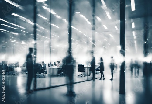 Double Exposure of Professionals in Glass Office and City Nightlife Double exposure business people in a white glass office setting  creatively blurred to perfection Night time