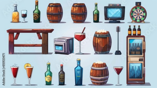 Cartoon set of pub furniture, cocktails glasses, alcoholic beverages, beer barrels, fridges, TV screens, and dartboards isolated on white background. photo