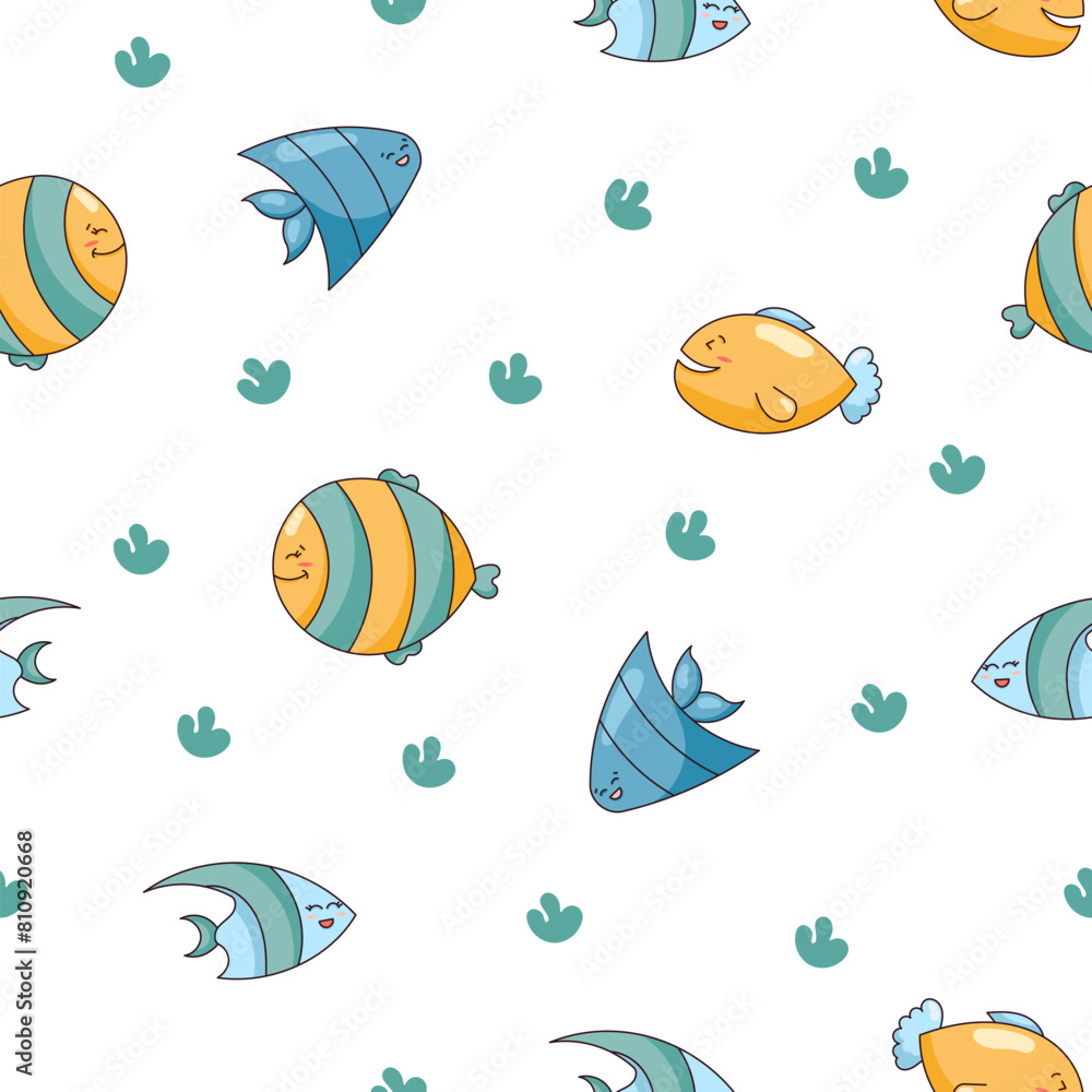 Naklejka premium Cartoon aquatic animals. Seamless pattern. Fish characters underwater world. Marine life. Vector drawing. Design ornaments.