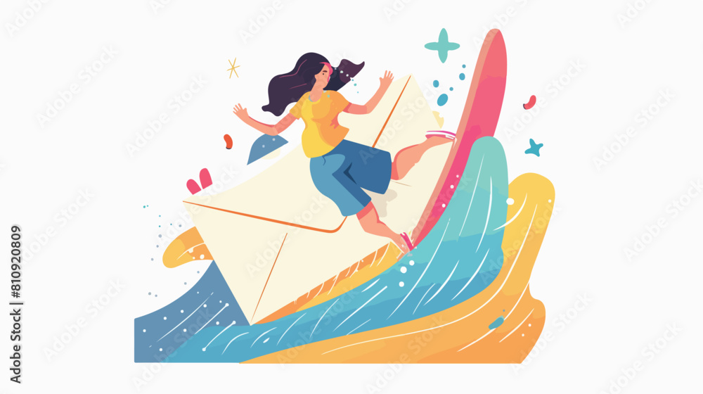 Happy girl surfing on envelope. Sending good positive