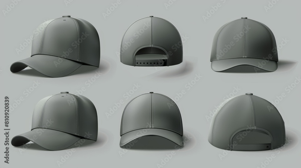 Realistic modern templates of gray snapback caps with visor in four different views. Blank sport uniform headwear - cotton clothing elements. Realistic modern templates of gray snapback caps with visor in four different views. Blank sport uniform headwear - cotton clothing elements.