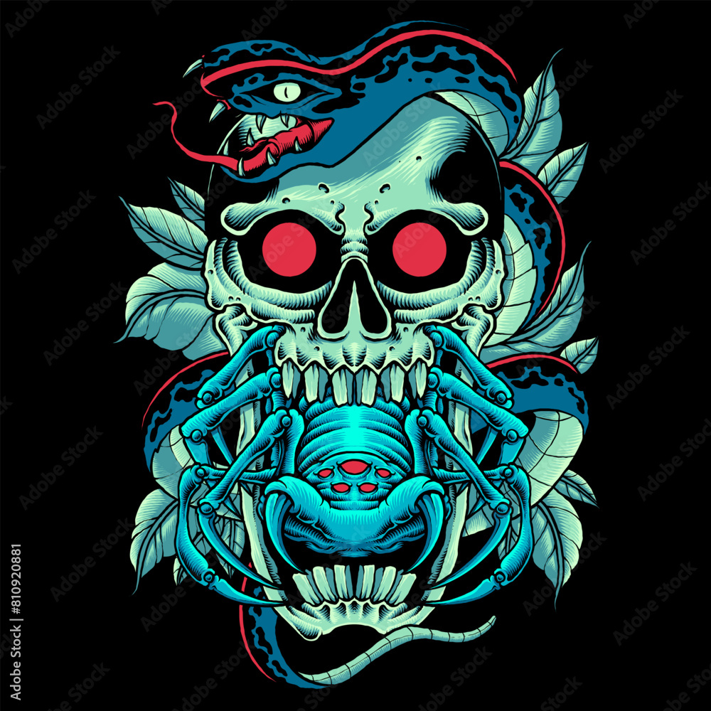 Blue skull and spider Blue skull and spider