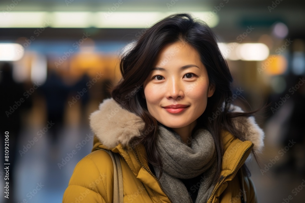 Portrait of a glad asian woman in her 40s dressed in a warm wool sweater while standing against bustling airport terminal Portrait of a glad asian woman in her 40s dressed in a warm wool sweater while standing against bustling airport terminal