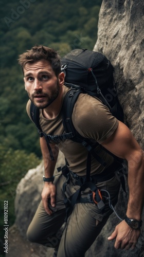 A Mountainous Adventure Awaits - Fit Young Man Poses with His Backpack Fictional Character Created By Generative AI. 