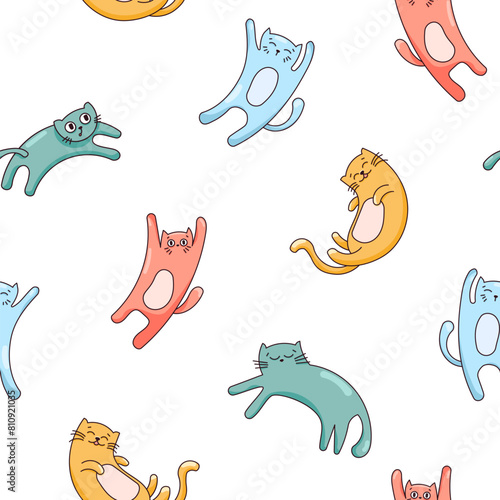 Cute funny cat. Seamless pattern. Kitten character cartoon. Vector drawing. Design ornaments.