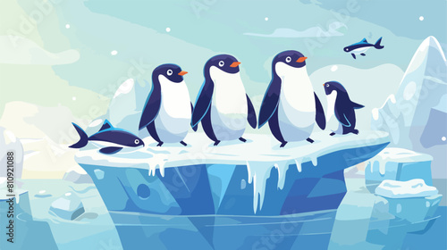 Happy penguin characters on ice floe with fish Vector