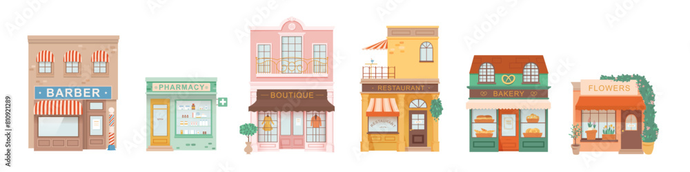 City shopping building illustrations set. Exterior facades and storefronts of pharmacy, barber shop, boutique, restaurant, cafe, bakery, flowers. Small business entity. Shopping commerce trade