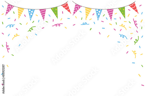 Happy birthday background. Holiday banner with colorful pennants garland and confetti. Kids party greeting card. Cartoon vector poster template for birthday celebration isolated on transparent