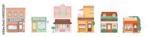 City shopping building illustrations set. Exterior facades and storefronts of pharmacy, barber shop, boutique, restaurant, cafe, bakery, flowers. Small business entity. Shopping commerce trade