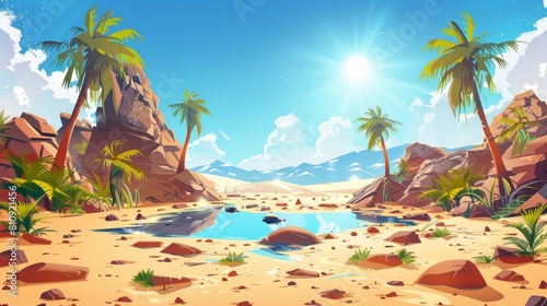 A puddle of water with palm trees in a hot desert. Modern illustration of a rocky landscape with stones, a natural oasis with a small lake and green plants around, a sun shining bright against a blue photo