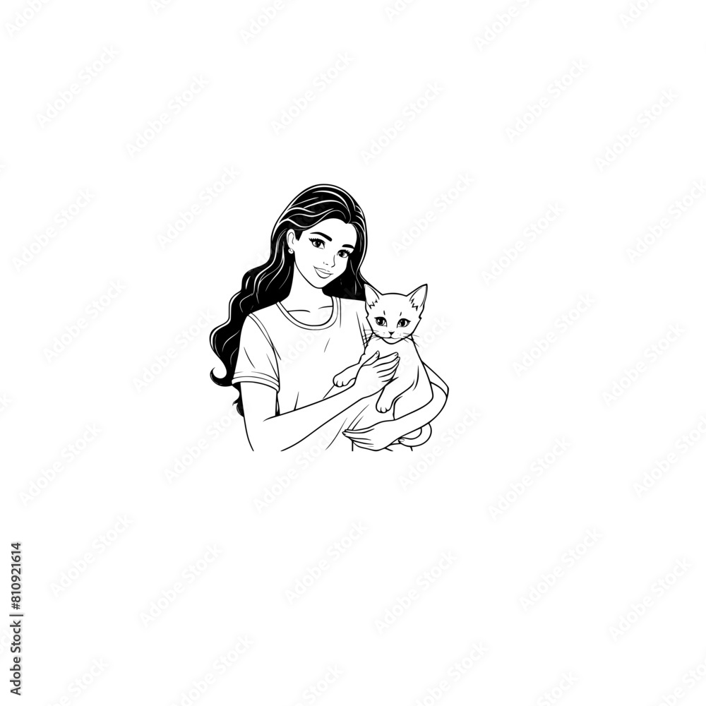A woman holding a cat in her arms while she is smiling black and white svg generative ai A woman holding a cat in her arms while she is smiling black and white svg generative ai