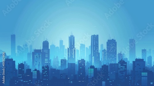 Blue panoramic metropolis environment concept with flat building skyline modern background. Urban business skyscraper panorama. City scape with office in downtown outdoor game illustration.