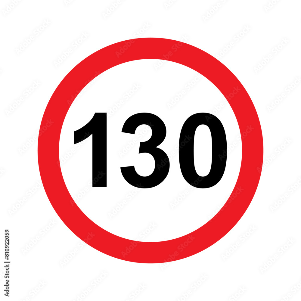 Speed limit sign vector illustration. 130 km icon. Abstract street traffic pictogram. Isolated road signal of circle shape, signboard with black number of maximum speed of cars on highway Speed limit sign vector illustration. 130 km icon. Abstract street traffic pictogram. Isolated road signal of circle shape, signboard with black number of maximum speed of cars on highway