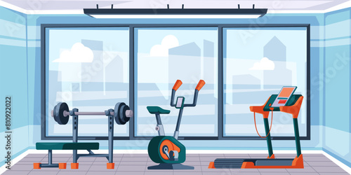Fitness gym interior background. Gymnasium room with sport equipment for workout cartoon vector illustration. Treadmill, bike, bench with barbell in empty modern sport club