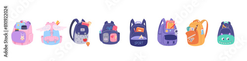 Children school backpacks vector illustration set. Different kids back bags with books and stationery isolated on white. Cartoon cute stylish accessories. Back to school education concept