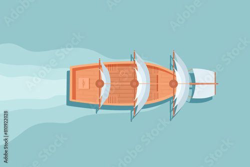 Sailboat top view vector illustration. Aerial view of ocean transport. Old wooden marine vessel with sails. Historical banner