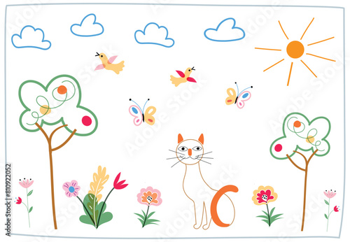 Kids drawing background. Child drawn flowers, trees, sun, clouds, smiling cat, butterflies, birds. Cute colorful symbols set for kindergarten, school. Children pattern isolated on white © backup_studio