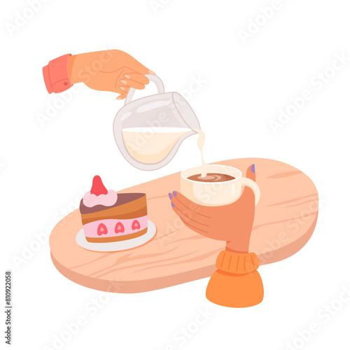 Woman hand holding cup with coffee, tea and other hand pouring milk. Hot drink for breakfast, break, winter evening in mug. Cartoon vector illustration isolated on white background © backup_studio