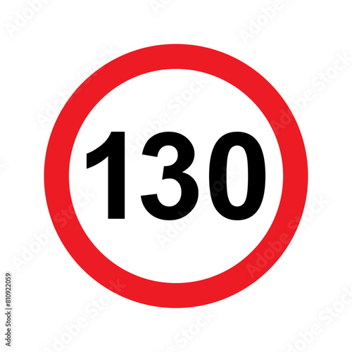 Speed limit sign vector illustration. 130 km icon. Abstract street traffic pictogram. Isolated road signal of circle shape, signboard with black number of maximum speed of cars on highway © backup_studio