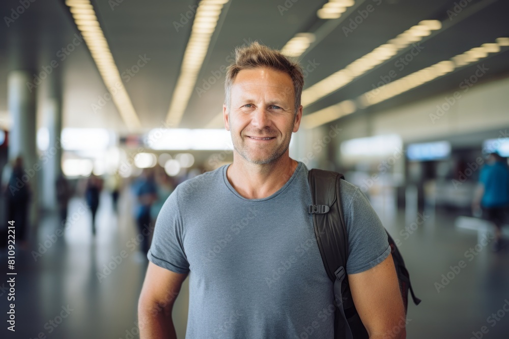 Portrait of a smiling man in his 40s sporting a vintage band t-shirt isolated in bustling airport terminal background Portrait of a smiling man in his 40s sporting a vintage band t-shirt isolated in bustling airport terminal background