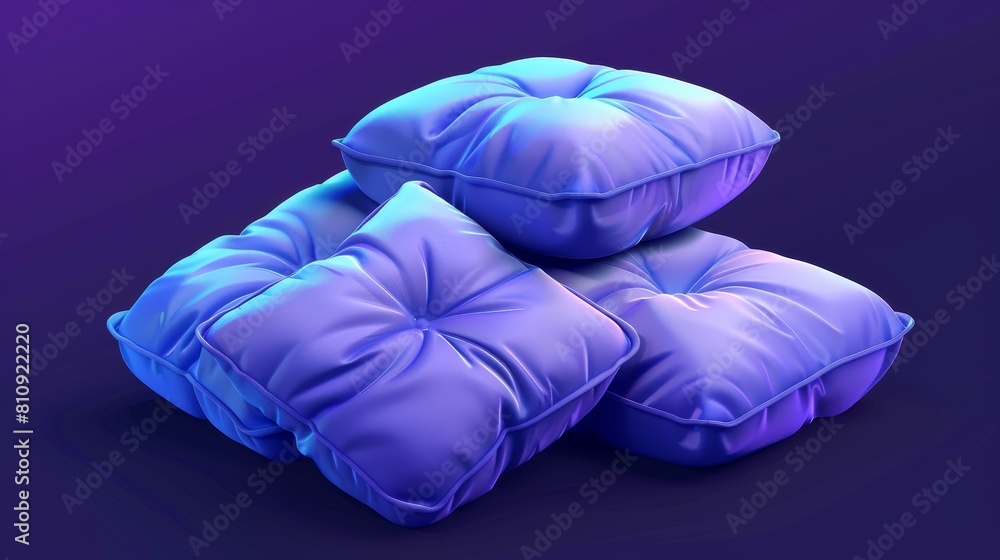 An isolated 3D color bed pillow stack modern mockup. Inflatable and soft square cushion pile. Fabric orthopedic pillowcase template in purple and blue. Soft satin or cotton bed linen.