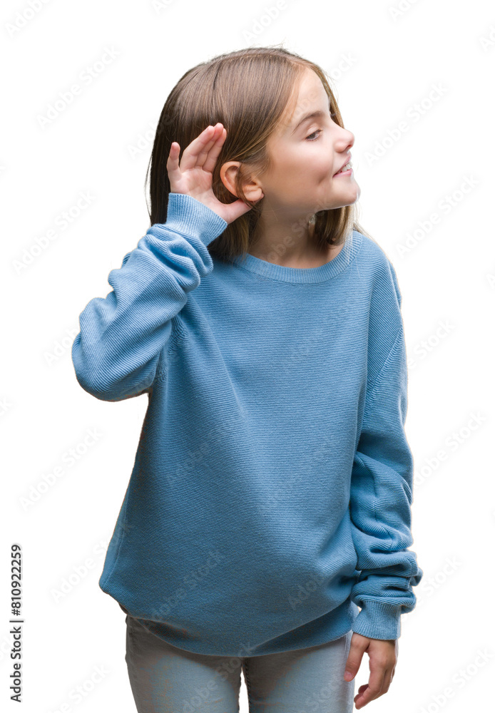 Young beautiful girl wearing winter sweater over isolated background smiling with hand over ear listening an hearing to rumor or gossip. Deafness concept. Young beautiful girl wearing winter sweater over isolated background smiling with hand over ear listening an hearing to rumor or gossip. Deafness concept.
