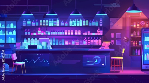 Pharmacist's store with counter and spotlight at night. Medical shop interior with shelves. Chair near cardiograph in pharmaceutical office. Dark hospital drugstore with treatment drugs at night. photo