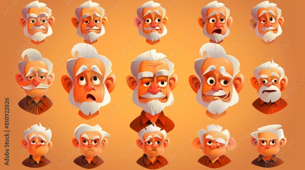 Isolated clipart showing an old man avatar with different facial expressions. Happy, surprised, angry, wink, scared, and surprised faces. Isolated clipart showing an old man avatar with different facial expressions. Happy, surprised, angry, wink, scared, and surprised faces.