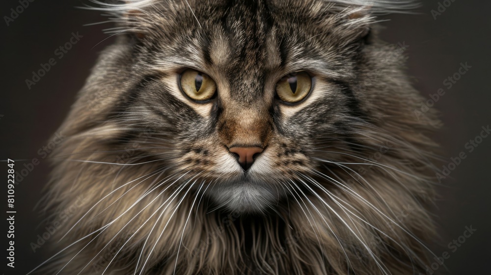 Studio portrait of a Norwegian Forest cat facing forward, studio lighting, photorealistic.