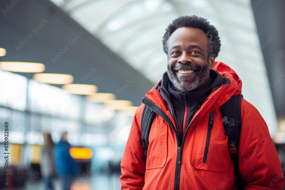 Portrait of a smiling afro-american man in his 60s wearing a functional windbreaker isolated on bustling airport terminal Portrait of a smiling afro-american man in his 60s wearing a functional windbreaker isolated on bustling airport terminal
