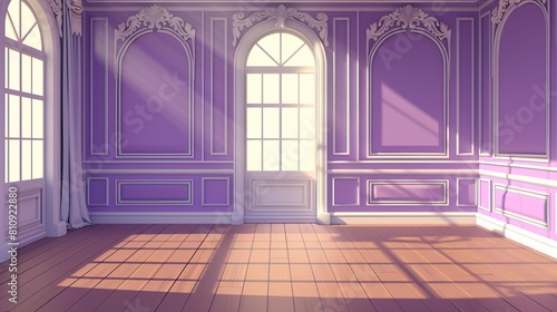 The interior of a classically English style home featuring purple walls and elegant moldings, a sunlit wooden floor, an open door and the sun shining through the window. photo