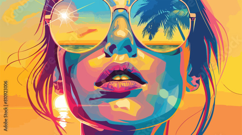 head girl Reflection of beach in sunglasses Vector illustration