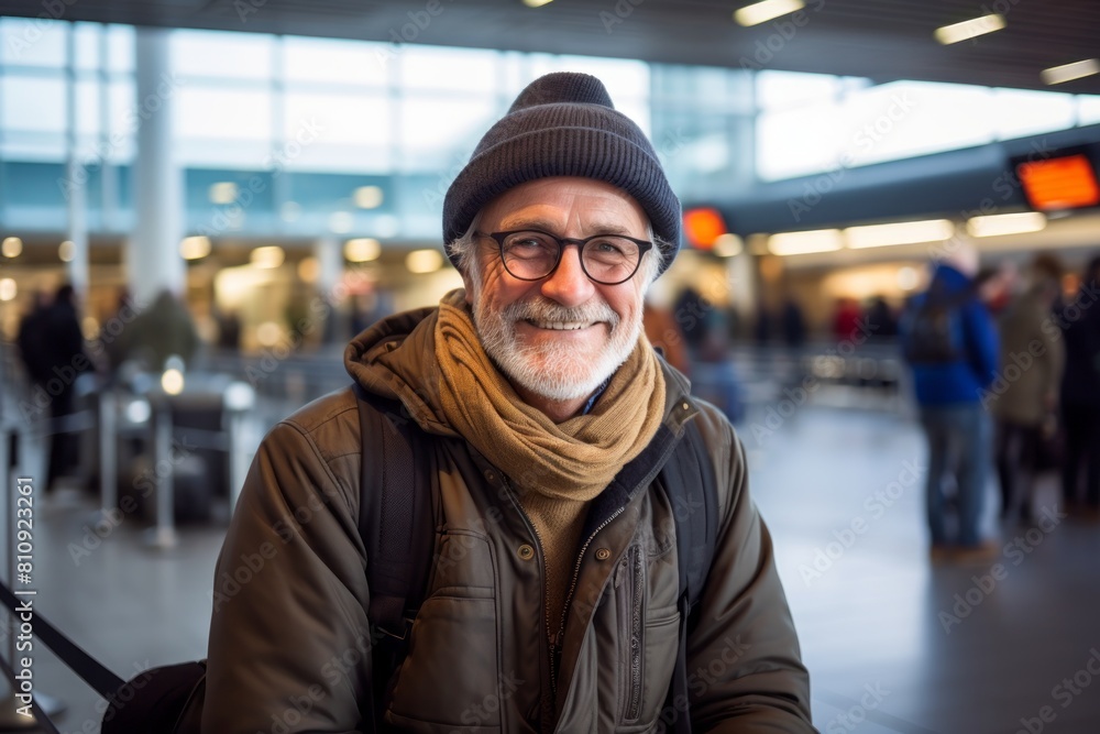 Portrait of a happy man in his 60s donning a warm wool beanie on bustling airport terminal background Portrait of a happy man in his 60s donning a warm wool beanie on bustling airport terminal background