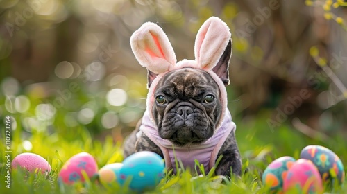French bulldog dressed in an easter bunny costume with bunny ears outside in the garden with easter eggs