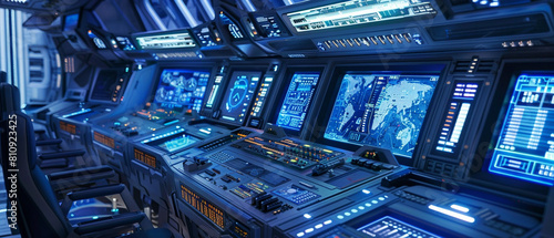 Futuristic starship bridge with advanced controls and screens, ready for intergalactic exploration and adventure. photo