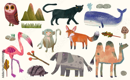 Animal wildlife watercolor painting. vector illustration.  isolated cartoon.	