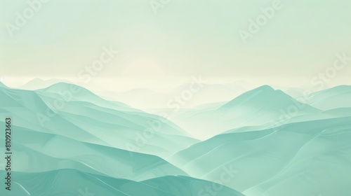 Abstract Landscape Art  Light Blue and Green Mountains Silhouette with Atmospheric Sky