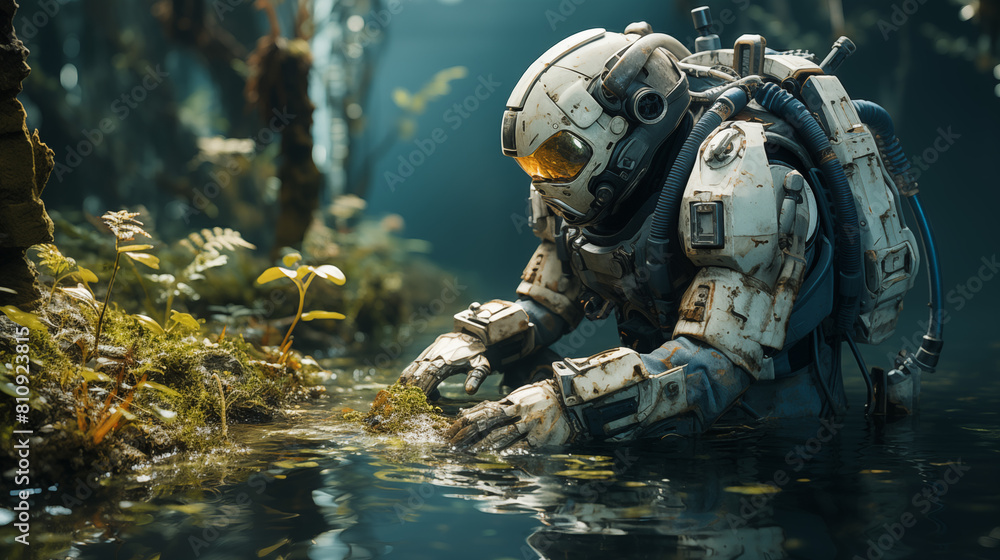 Fototapeta premium astronaut growing green plants in space