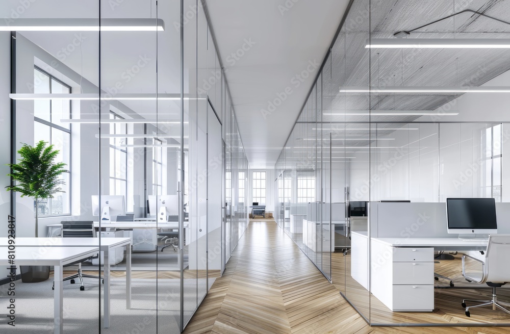 A modern office with glass walls, white furniture and wooden floors. The space is well lit by LED lights hanging from the ceiling, creating an atmosphere of focus and productivity A modern office with glass walls, white furniture and wooden floors. The space is well lit by LED lights hanging from the ceiling, creating an atmosphere of focus and productivity