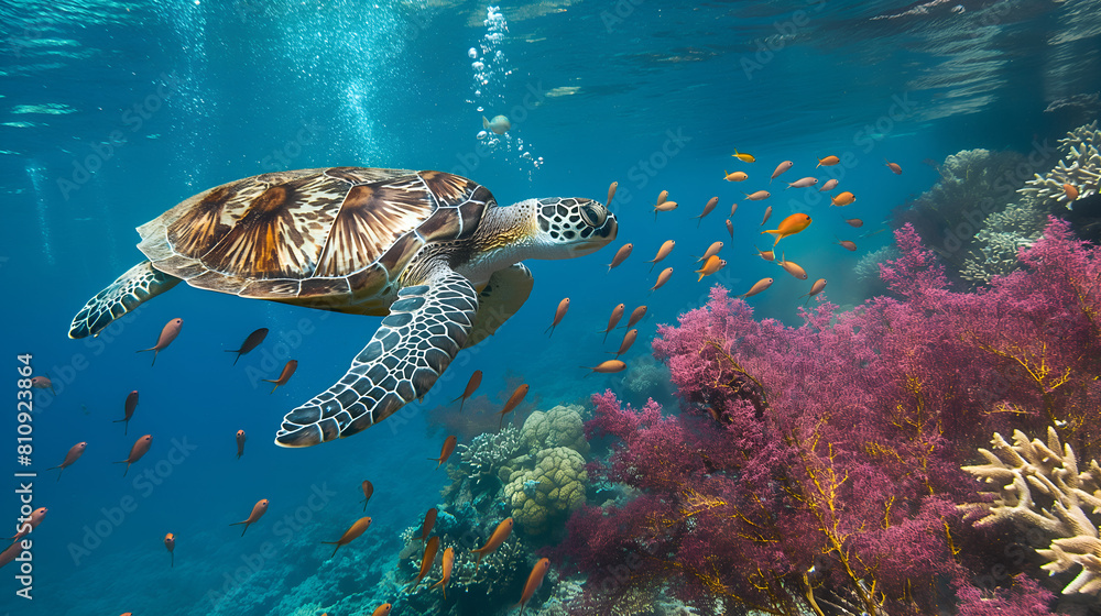 Obraz premium Sea turtle or marine turtle swimming in ocean with coral reefs