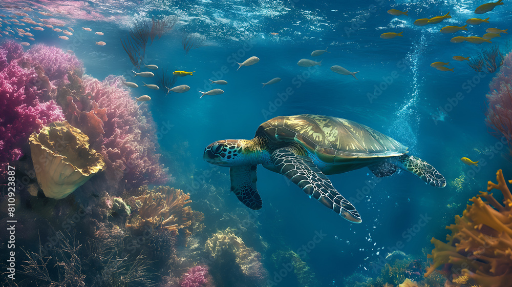 Sea turtle or marine turtle swimming in ocean with coral reefs Sea turtle or marine turtle swimming in ocean with coral reefs