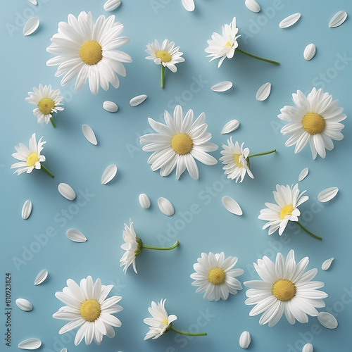 Artistic arrangement of white daisies with petals scattered on a serene blue background, symbolizing calm and purity - AI generated