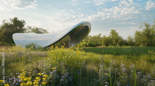 A large, curved building sits in a field of flowers. The building is made of metal and has a unique, modern design. The field is filled with a variety of flowers, including yellow and purple ones
